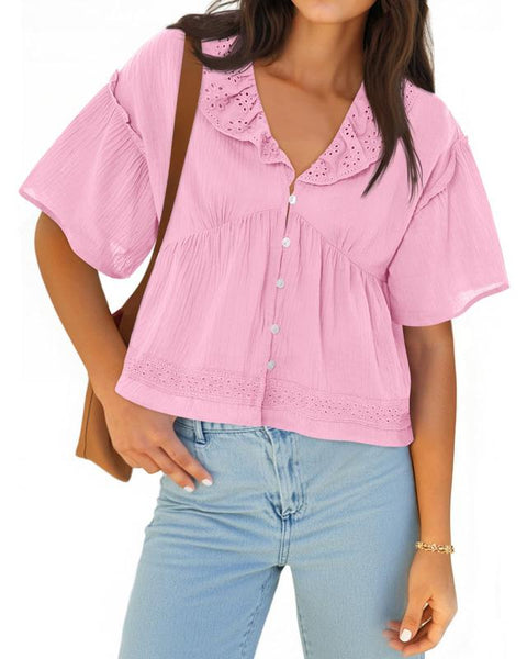Cicy Bell Women's Eyelet V-Neck Babydoll Top